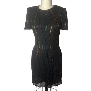 Vintage Styleworks Beaded 80's 100% Silk Shoulder Pad Black Mini Dress Size 4
